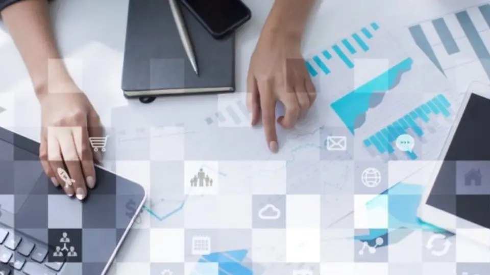 Business mockup. Office workflow. Icons on virtual screen. Internet and digital technology concept