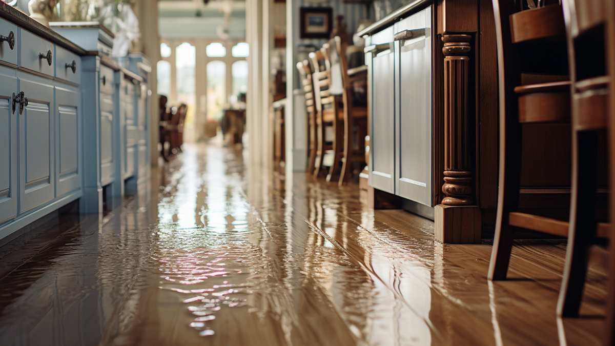 Flooded floor in kitchen from water leak. Generative Ai