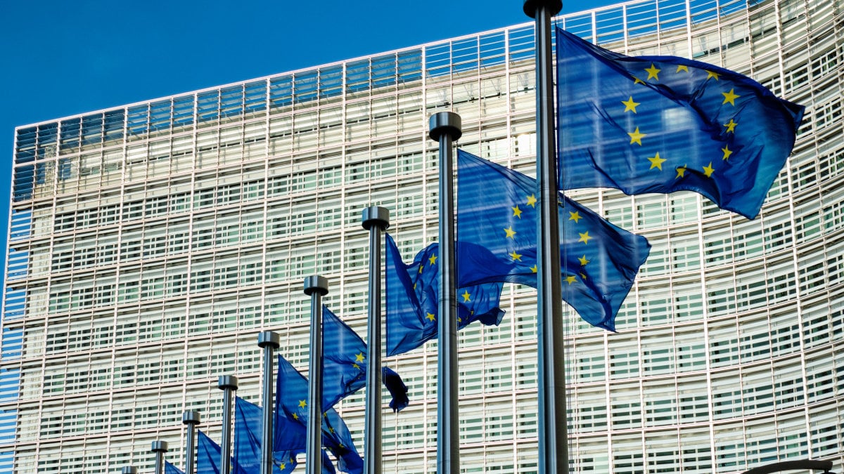 European EU flags in front of the Berlaymont building, headquarters of the European commission in Brussels