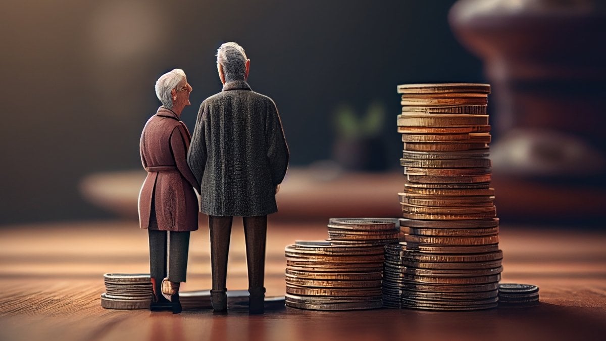 Elderly couple standing on a stack of coins. Generative Ai