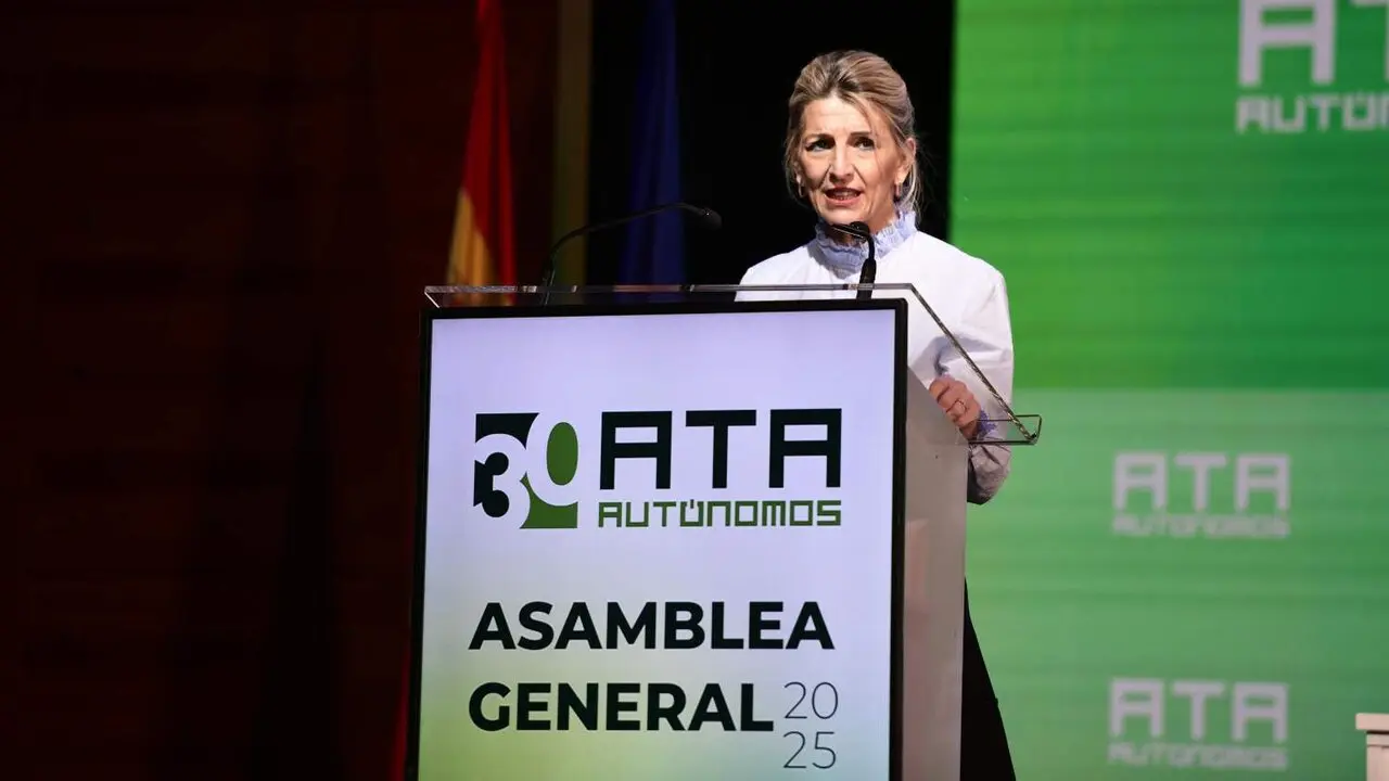 La ministra de Trabajo y Econom&iacute;a Social, Yolanda D&iacute;az, durante su intervenci&oacute;n este lunes en la Asamblea General de la Federaci&oacute;n Nacional de Asociaciones de Trabajadores Aut&oacute;nomos.