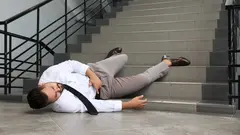 Man fallen down stairs suffering from pain indoors, space for text