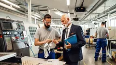Senior quality control inspector and young worker cooperating while analyzing manufactured products in a factory plant.