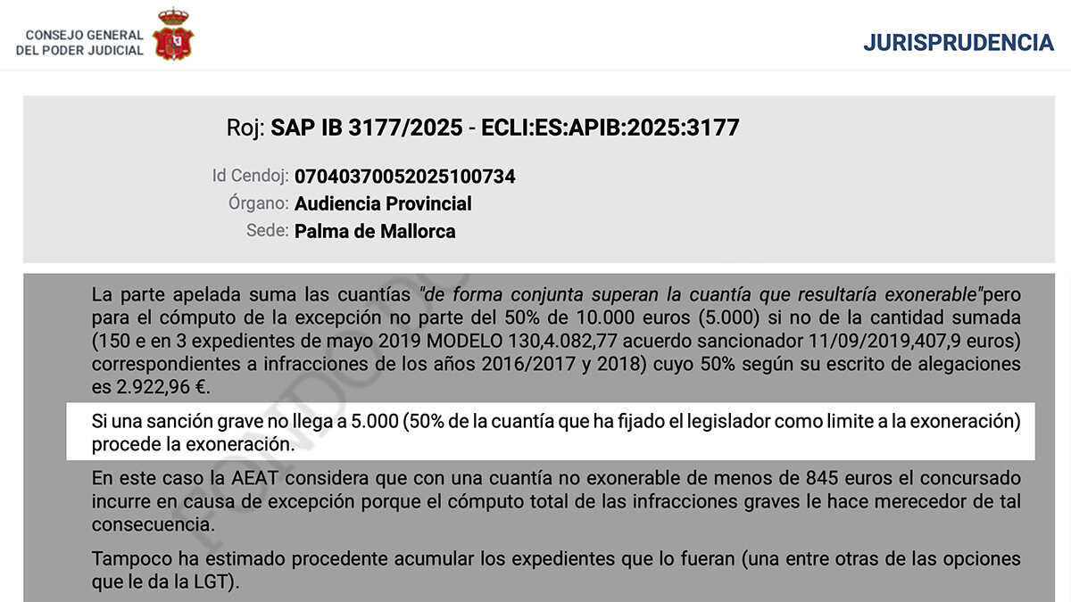 Fragmento de la sentencia nº 763/2025 ,de la Audiencia Provincial de Palma de Mallorca, que rechaza sumar automáticamente varias sanciones graves para impedir la exoneración